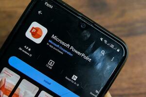 Microsoft PowerPoint application on Smartphone screen. PowerPoint is a freeware web browser developed by Microsoft Corporation. Bekasi, Indonesia, Januay 17, 2024 photo