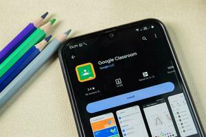Google Classroom application on Smartphone screen. Google Classroom is a freeware web browser developed by Google LLC. Bekasi, Indonesia, December 25, 2023 photo