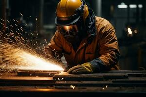 ai generado un industrial trabajador con la seguridad engranaje magistralmente realiza precisión metal corte, artesanía en metal fabricación. foto