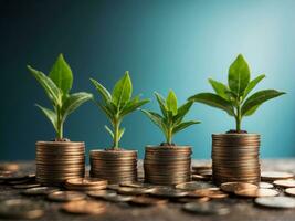 AI generated Investment Growth Concept with Plant Sprouting from Money Bags photo