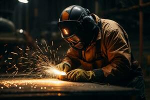 ai generado un industrial trabajador con la seguridad engranaje magistralmente realiza precisión metal corte, artesanía en metal fabricación. foto