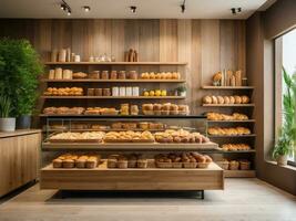 AI generated An elegantly designed modern bakery interior showcasing an abundant assortment of breads, photo