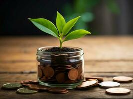 AI generated Investment Growth Concept with Plant Sprouting from Money Bags photo