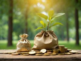 AI generated Investment Growth Concept with Plant Sprouting from Money Bags photo