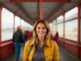 ai generado confidente mujer sonriente en un bullicioso ciudad ambiente foto