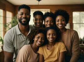 ai generado familia cautiverio, alegre selfie hora para un africano americano casa foto