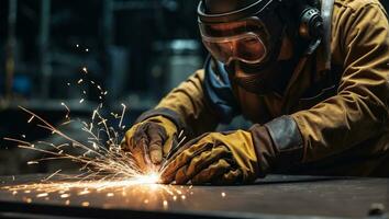 ai generado un industrial trabajador con la seguridad engranaje magistralmente realiza precisión metal corte, artesanía en metal fabricación. foto