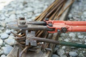 close up steel cutting pliers on home garden photo