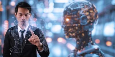 Artificial Intelligence, Ai technology, using technology smart robot AI, artificial intelligence by enter command prompt for generates something, Chat with AI, Futuristic technology transformation. photo