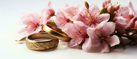 ai generado rosado flores y dos dorado Boda anillos en realista 3d generativo ai foto