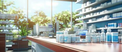 AI generated Blurred background of a pharmacy store realistic 3D Generative AI photo