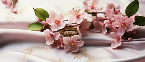 ai generado rosado flores y dos dorado Boda anillos en realista 3d generativo ai foto