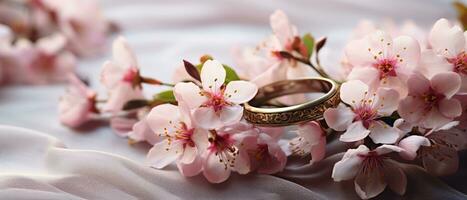 ai generado rosado flores y dos dorado Boda anillos en realista 3d generativo ai foto