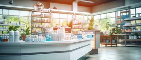 ai generado borroso antecedentes de un farmacia Tienda realista 3d generativo ai foto