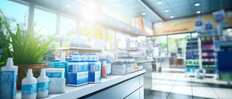 AI generated Blurred background of a pharmacy store realistic 3D Generative AI photo