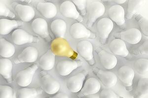 Unique ideas and different concepts. One golden bulb stands out from many white bulbs on white background. new creative, business, and innovations photo