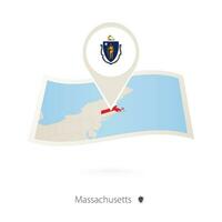 Folded paper map of Massachusetts U.S. State with flag pin of Massachusetts. vector