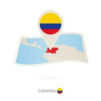 Folded paper map of Colombia with flag pin of Colombia. vector