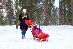 pretty mother with smartphone,child on a sled,red plaid in the winter forest photo