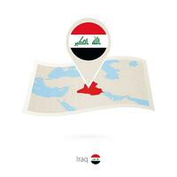 Folded paper map of Iraq with flag pin of Iraq. vector