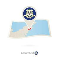 Folded paper map of Connecticut  U.S. State with flag pin of Connecticut. vector