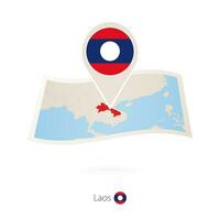 Folded paper map of Laos with flag pin of Laos. vector