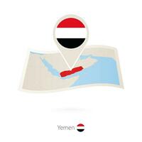 Folded paper map of Yemen with flag pin of Yemen. vector