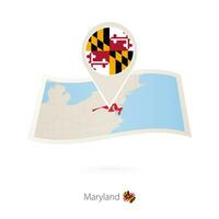 Folded paper map of Maryland U.S. State with flag pin of Maryland. vector