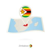 Folded paper map of Zimbabwe with flag pin of Zimbabwe. vector