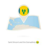 Folded paper map of Saint Vincent and the Grenadines with flag pin of Saint Vincent and the Grenadines. vector