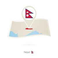 Folded paper map of Nepal with flag pin of Nepal. vector