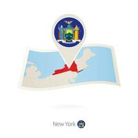 Folded paper map of New York U.S. State with flag pin of New York. vector