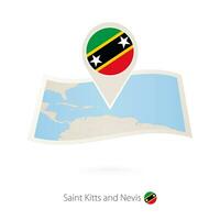 Folded paper map of Saint Kitts and Nevis with flag pin of Saint Kitts and Nevis. vector