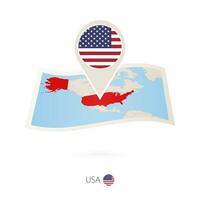 Folded paper map of USA with flag pin of United States of America. vector