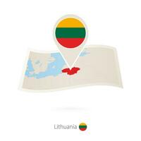 Folded paper map of Lithuania with flag pin of Lithuania. vector