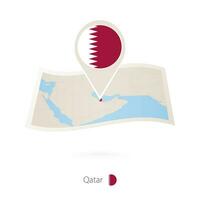 Folded paper map of Qatar with flag pin of Qatar. vector