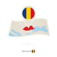 Folded paper map of Romania with flag pin of Romania. vector