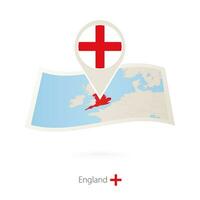 Folded paper map of England with flag pin of England. vector