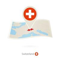 Folded paper map of Switzerland with flag pin of Switzerland. vector