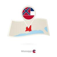 Folded paper map of Mississippi U.S. State with flag pin of Mississippi. vector