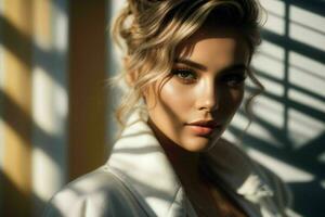 AI generated Stunning beautiful young woman with high contrast shadow and fashionable style photo