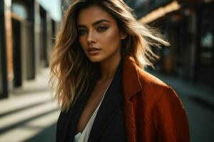 ai generado maravilloso hermosa joven mujer con alto contraste sombra y de moda estilo foto