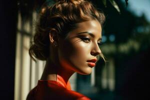 AI generated Stunning beautiful young woman with high contrast shadow and fashionable style photo