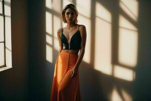 AI generated Stunning beautiful young woman with high contrast shadow and fashionable style photo