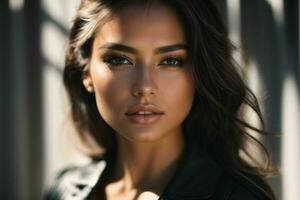 AI generated Stunning beautiful young woman with high contrast shadow and fashionable style photo