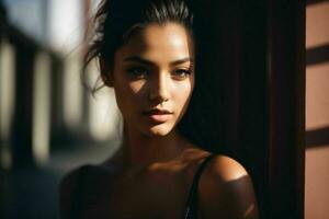 AI generated Stunning beautiful young woman with high contrast shadow and fashionable style photo