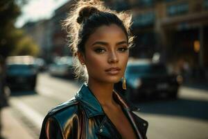 ai generado maravilloso hermosa joven mujer con alto contraste sombra y de moda estilo foto