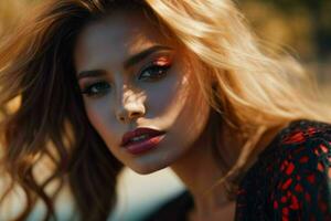 AI generated Stunning beautiful young woman with high contrast shadow and fashionable style photo