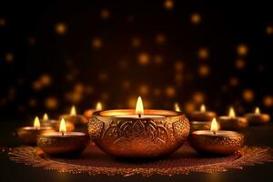 AI generated Diwali festival golden lamps with candle light in dark night bokeh background, AI generative photo