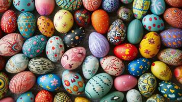 AI generated An array of beautifully decorated eggs, forming a vibrant and eye-catching backdrop photo